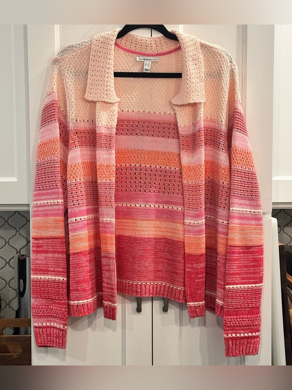 Isaac Mizrahi Live! Pink Stripe Open Front Pointelle Knit Cardigan Sweater 2X